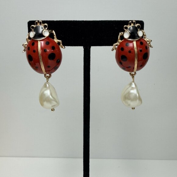 Zara NWOT Ladybug Statement Drop Earrings Red Black Gold Tone Pearl Dangle - Picture 2 of 8